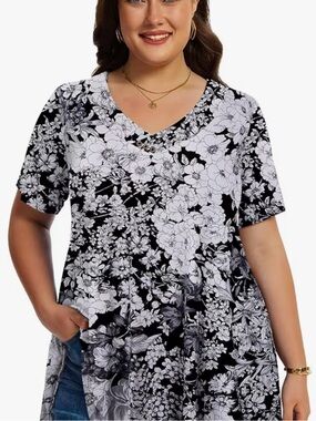 Larace Black & White Floral V-Neck Tunic small rayon stretch blouse NEW